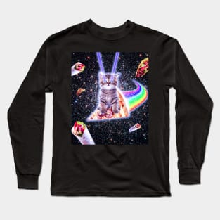 Laser Eyes Space Cat Riding Rainbow Pizza Long Sleeve T-Shirt